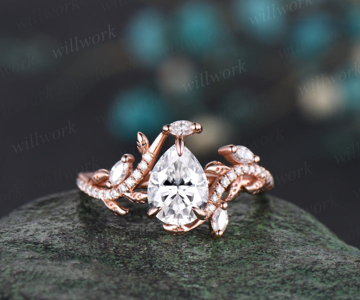 Vintage pear cut moissanite engagement ring set solid 14k rose gold moon leaf half eternity diamond promise wedding ring set women gift