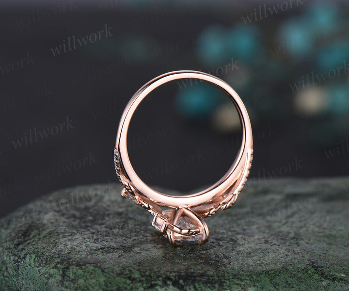 Vintage pear cut moissanite engagement ring set solid 14k rose gold moon leaf half eternity diamond promise wedding ring set women gift