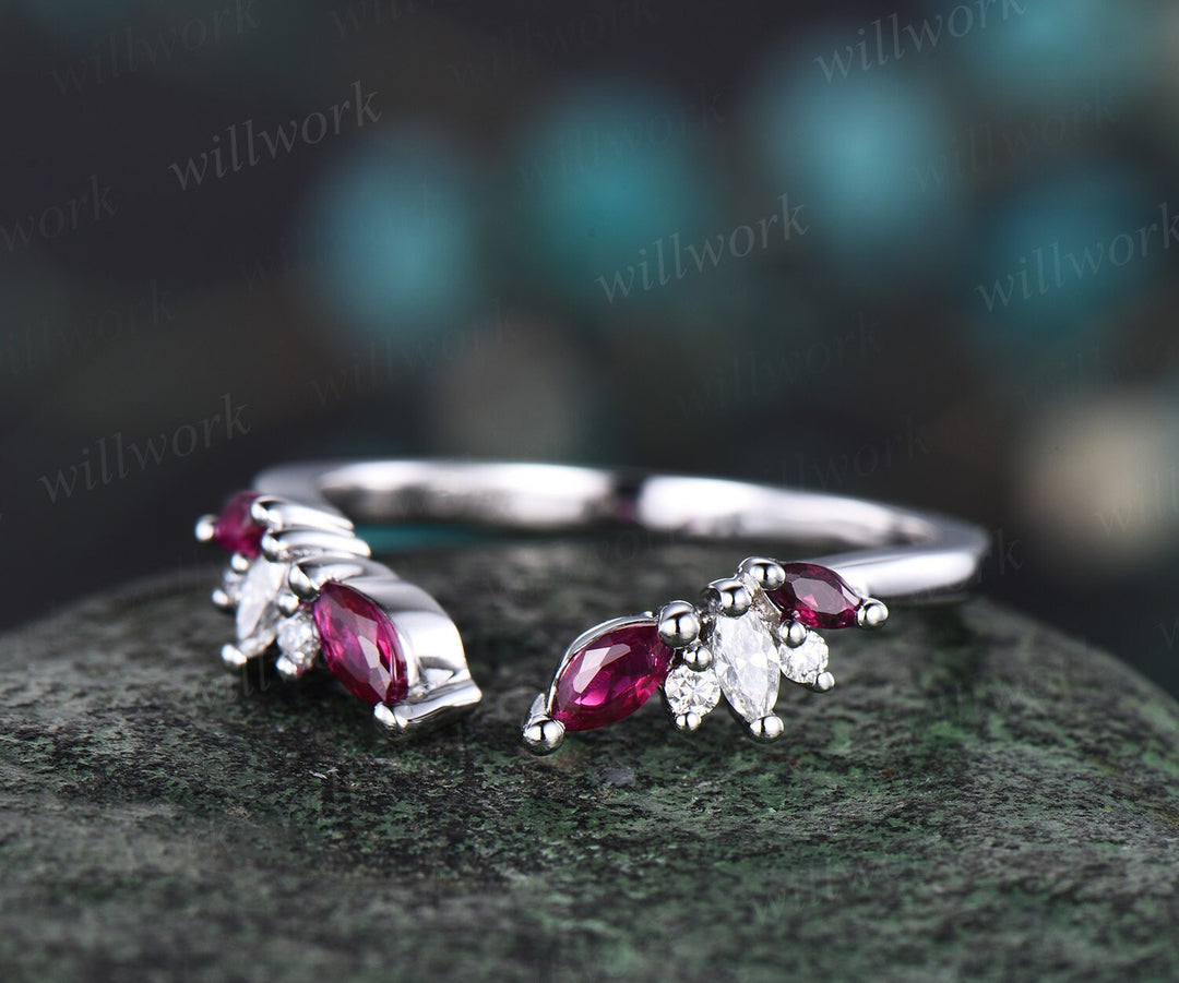 Open gap curved marquise cut natural ruby wedding band solid 14k rose gold cluster diamond ring vintage bridal anniversary ring gift