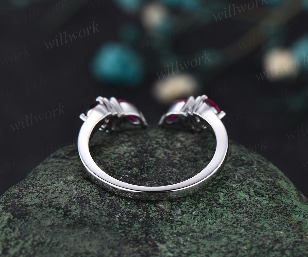 Open gap curved marquise cut natural ruby wedding band solid 14k rose gold cluster diamond ring vintage bridal anniversary ring gift