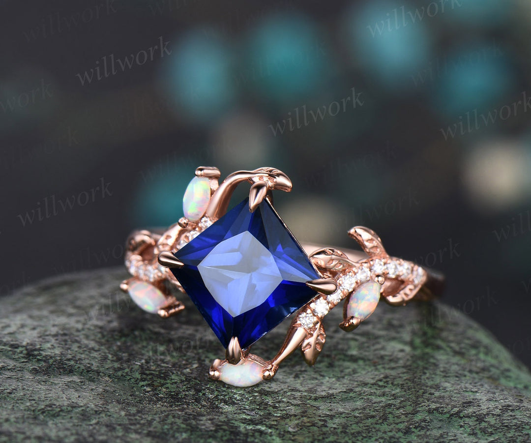 Vintage princess cut blue sapphire engagement ring solid 14k yellow gold leaf half eternity diamond opal wedding anniversary ring women gift