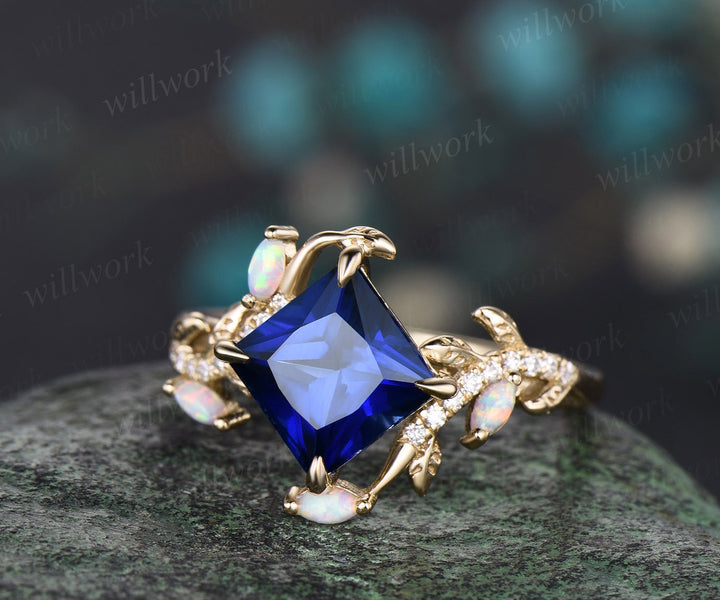 Vintage princess cut blue sapphire engagement ring solid 14k yellow gold leaf half eternity diamond opal wedding anniversary ring women gift