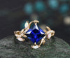 Vintage princess cut blue sapphire engagement ring solid 14k yellow gold leaf half eternity diamond opal wedding anniversary ring women gift