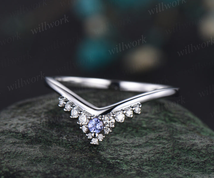 Curved snowdrift Tanzanite diamond wedding band white gold Minimalist moissanite wedding ring band stacking bridal anniversary ring women