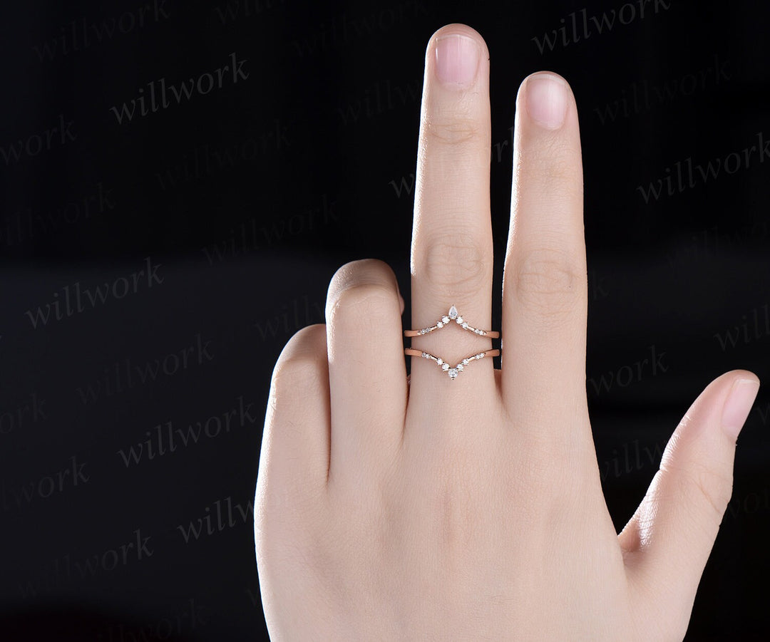 Pear diamond wedding band enhancer wraps solid 14k yellow gold Double V curved wedding ring band dainty bridal anniversary ring women gift