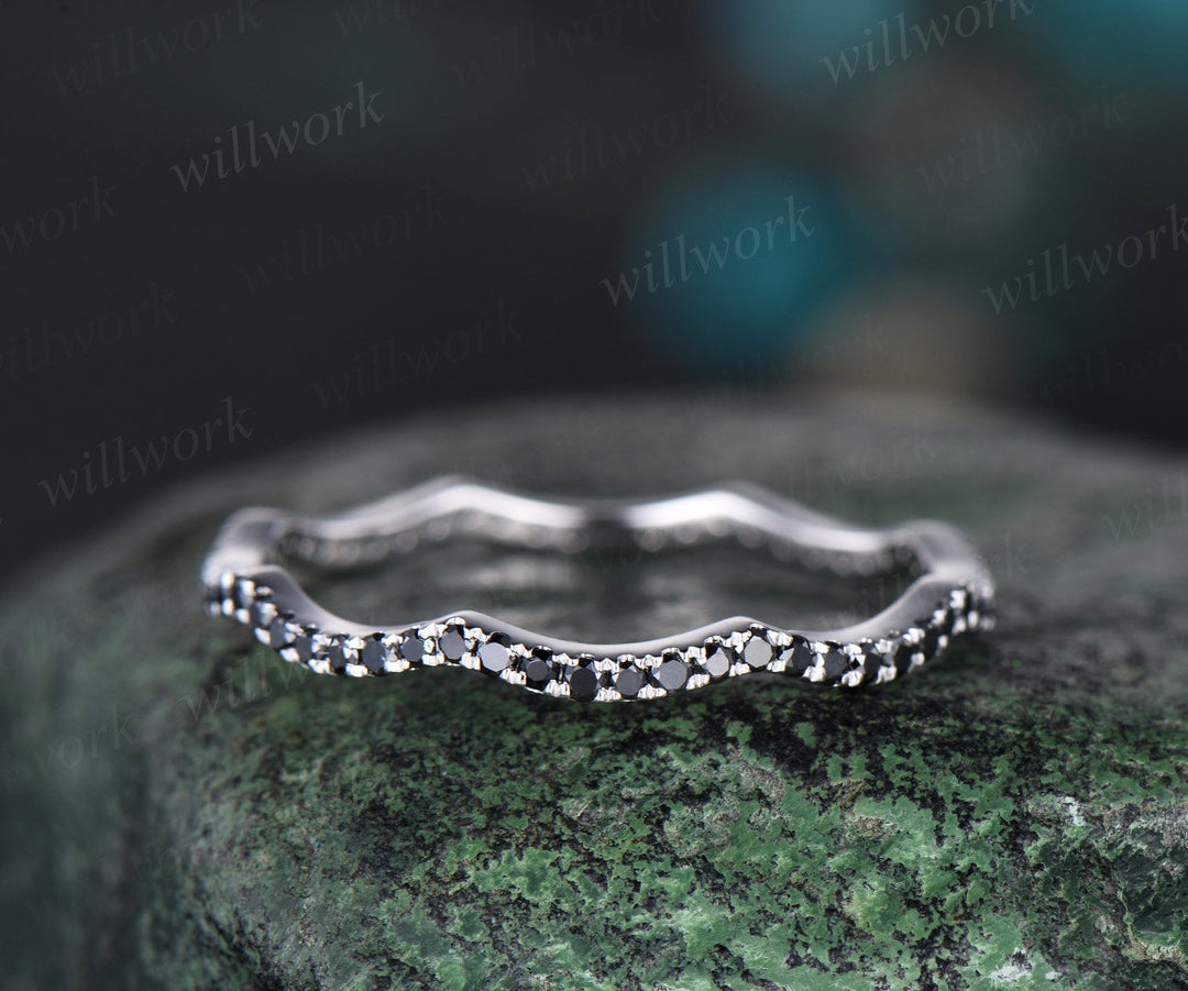 Twisted full eternity black diamond wedding band solid 14k white gold stacking matching wedding ring band women anniversary gift jewelry