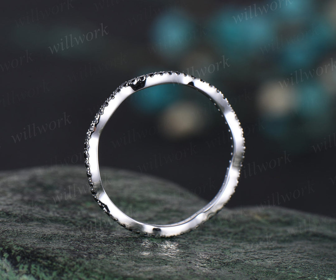 Twisted full eternity black diamond wedding band solid 14k white gold stacking matching wedding ring band women anniversary gift jewelry