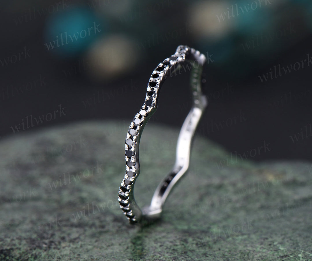 Twisted full eternity black diamond wedding band solid 14k white gold stacking matching wedding ring band women anniversary gift jewelry