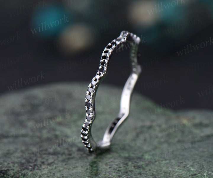 Twisted full eternity black diamond wedding band solid 14k white gold stacking matching wedding ring band women anniversary gift jewelry