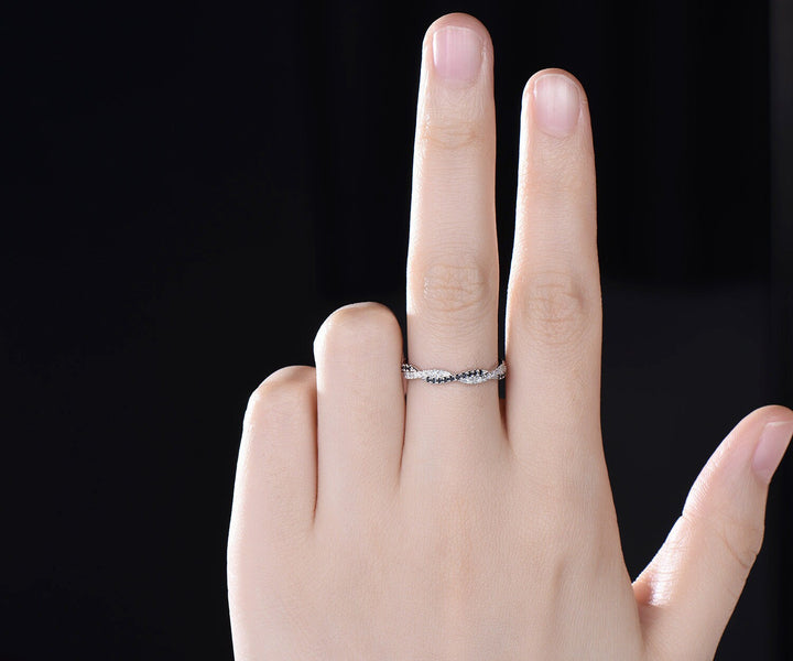 Infinity black diamond wedding band white gold full eternity twisted wedding ring band women delicate micro pave anniversary bridal ring