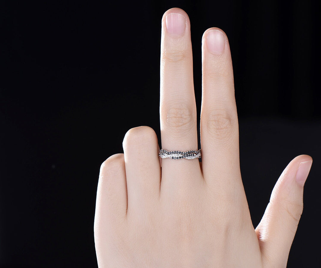 Infinity black diamond wedding band white gold full eternity twisted wedding ring band women delicate micro pave anniversary bridal ring