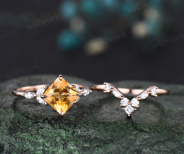 Princess cut yellow citrine engagement ring set solid 14k rose gold cluster marquise cut diamond Crystal wedding bridal ring set gift women
