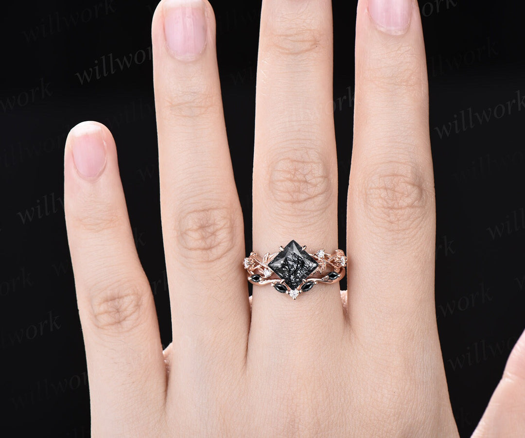Princess cut black rutilated quartz engagement ring rose gold five stone leaf branch Nature inspired ring diamond bridal ring set women gift