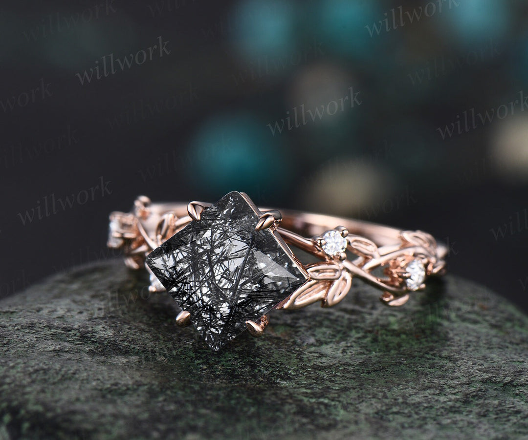 Princess cut black rutilated quartz engagement ring rose gold five stone leaf branch Nature inspired ring diamond bridal ring set women gift