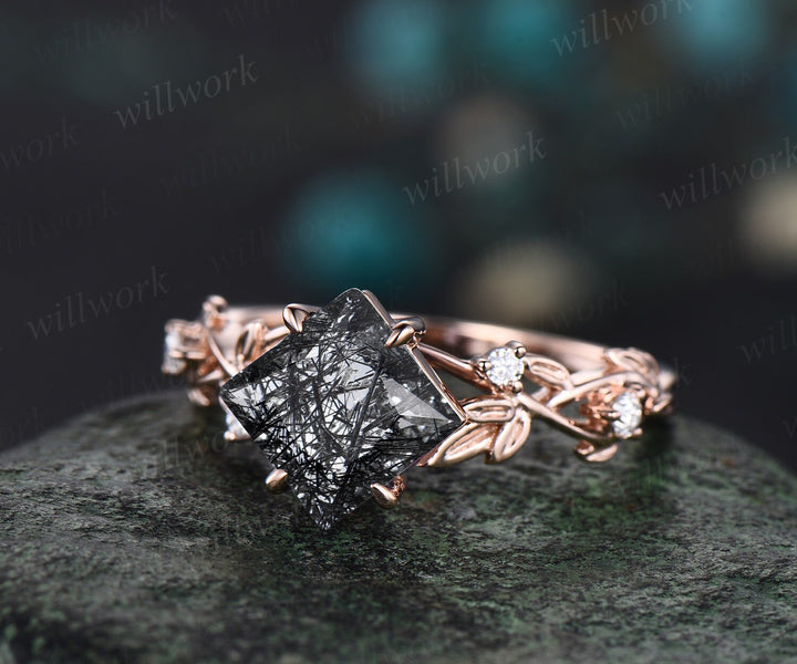 Princess cut black rutilated quartz engagement ring rose gold five stone leaf branch Nature inspired ring diamond bridal ring set women gift