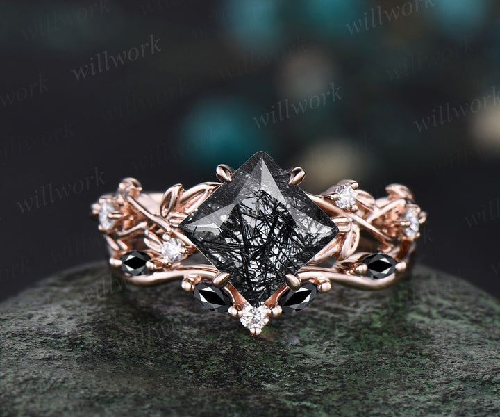 Princess cut black rutilated quartz engagement ring rose gold five stone leaf branch Nature inspired ring diamond bridal ring set women gift