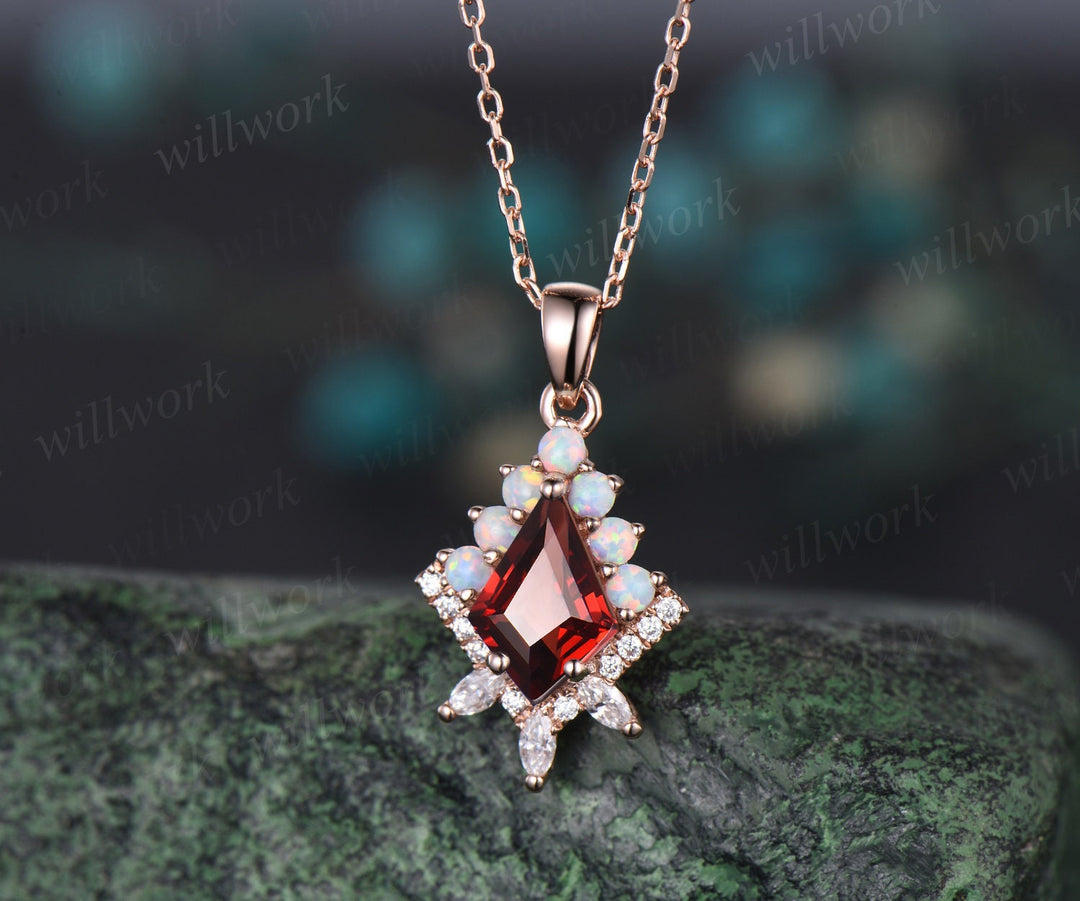 Kite cut red garnet necklace solid 14k 18k rose gold vintage unique halo opal diamond pendant women her anniversary bridal gift mother