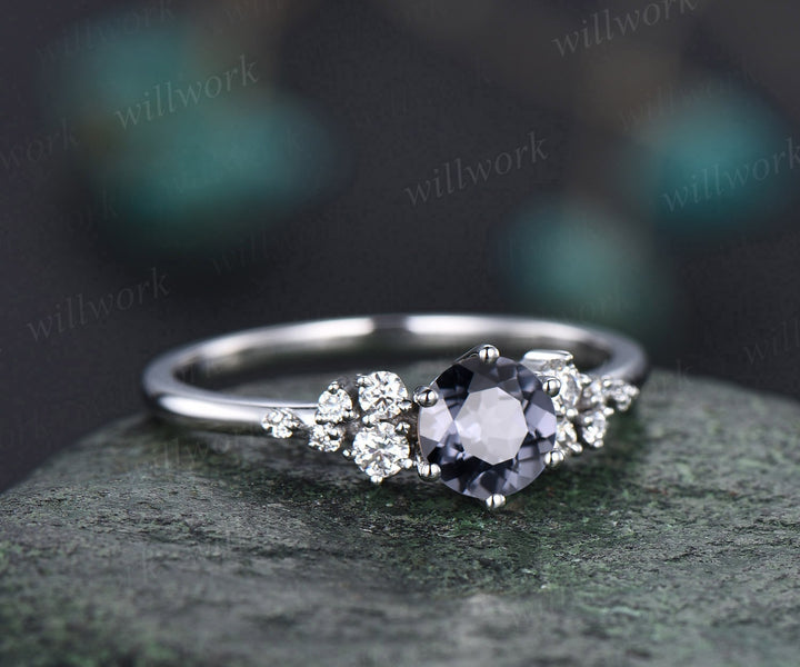 Dainty round cut gray spinel ring rose gold unique snowdrift engagement ring cluster diamond bridal anniversary ring women gift jewelry