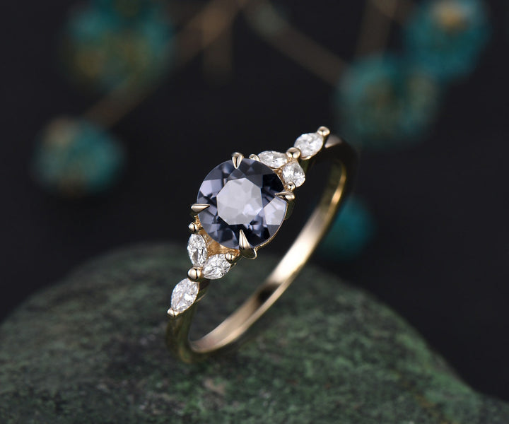 1ct round cut gray spinel ring vintage unique engagement ring solid 14k yellow gold cluster marquise diamond promise wedding ring women