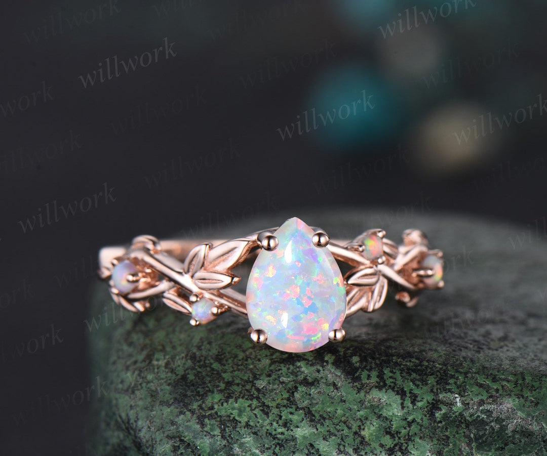 Pear shaped white opal ring vintage five stone rose gold leaf nature inspired engagement ring women twisted wedding bridal ring set gift