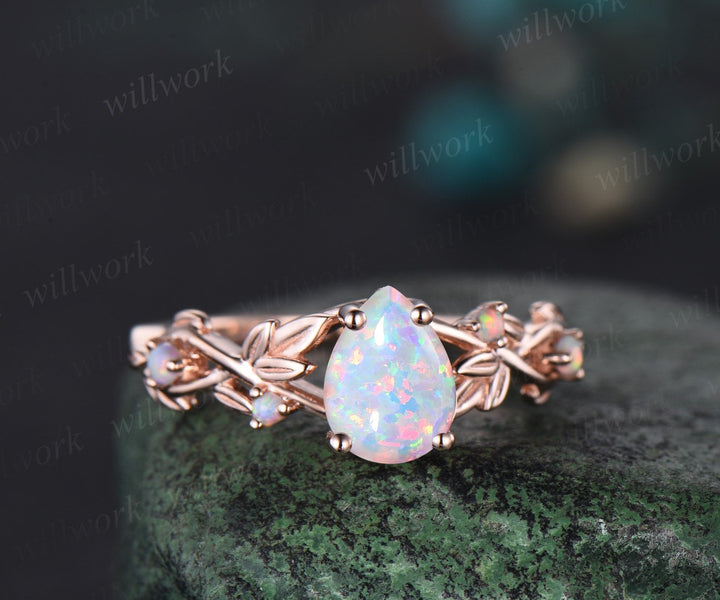Pear shaped white opal ring vintage five stone rose gold leaf nature inspired engagement ring women twisted wedding bridal ring set gift