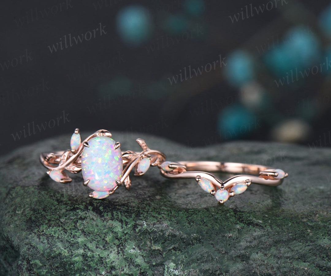 Oval white opal ring vintage rose gold five stone leaf unique nature inspired engagement ring women antique anniversary ring set gift