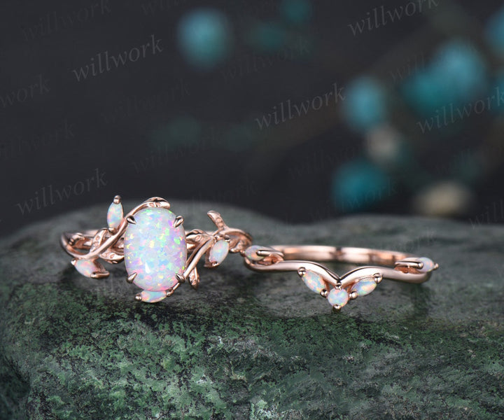 Oval white opal ring vintage rose gold five stone leaf unique nature inspired engagement ring women antique anniversary ring set gift