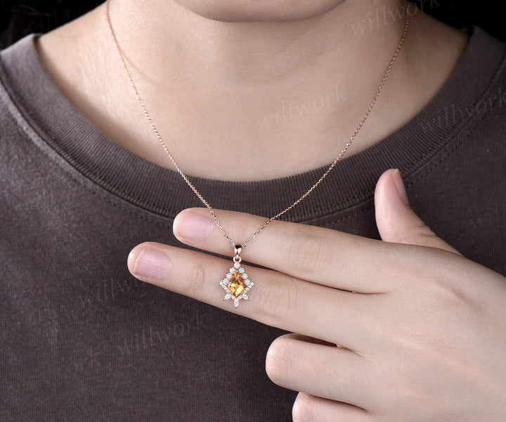 Kite cut yellow citrine necklace solid 14k 18k rose gold vintage unique halo opal diamond pendant women her anniversary bridal gift mother
