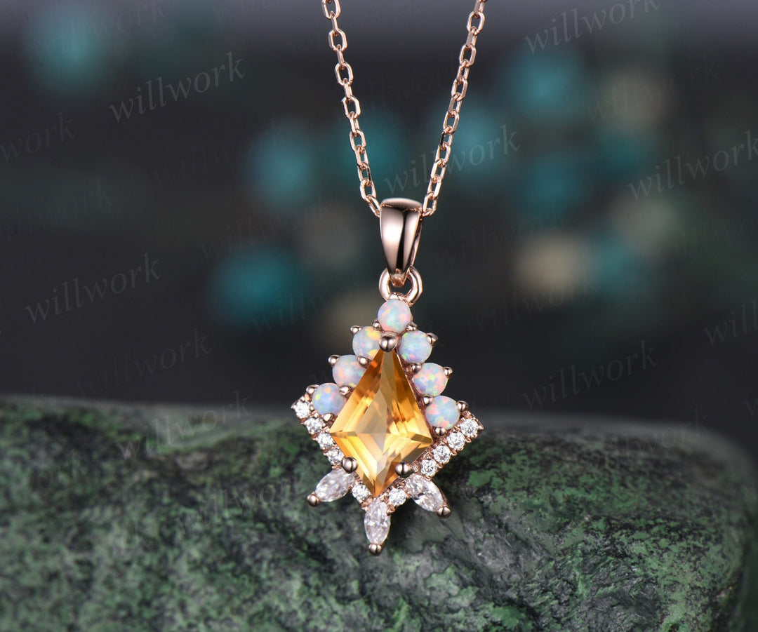 Kite cut yellow citrine necklace solid 14k 18k rose gold vintage unique halo opal diamond pendant women her anniversary bridal gift mother