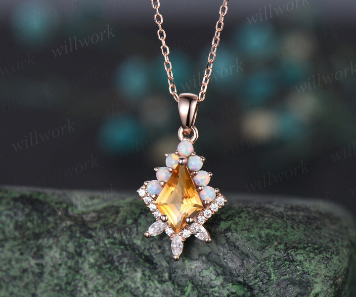 Kite cut yellow citrine necklace solid 14k 18k rose gold vintage unique halo opal diamond pendant women her anniversary bridal gift mother