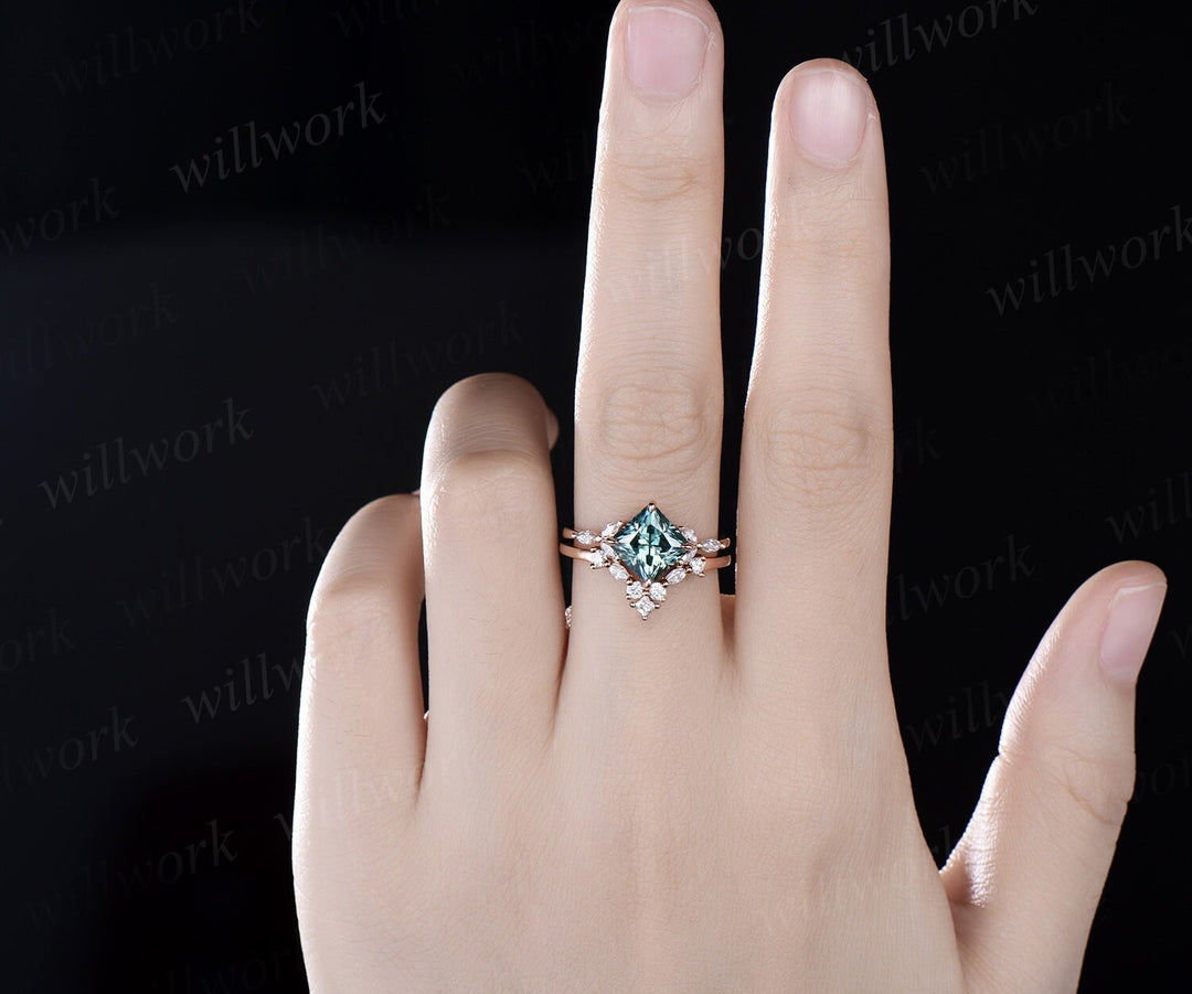 Princess cut green moissanite engagement ring set solid 14k rose gold cluster marquise cut diamond promise wedding bridal ring set women