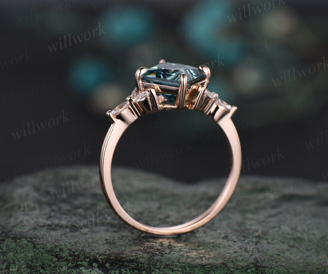 Princess cut green moissanite engagement ring set solid 14k rose gold cluster marquise cut diamond promise wedding bridal ring set women