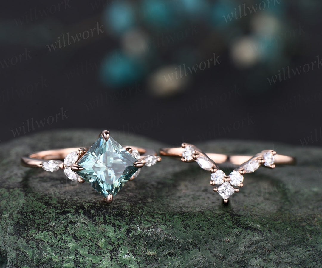 Princess cut green moissanite engagement ring set solid 14k rose gold cluster marquise cut diamond promise wedding bridal ring set women