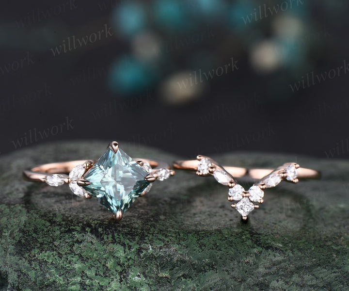 Princess cut green moissanite engagement ring set solid 14k rose gold cluster marquise cut diamond promise wedding bridal ring set women