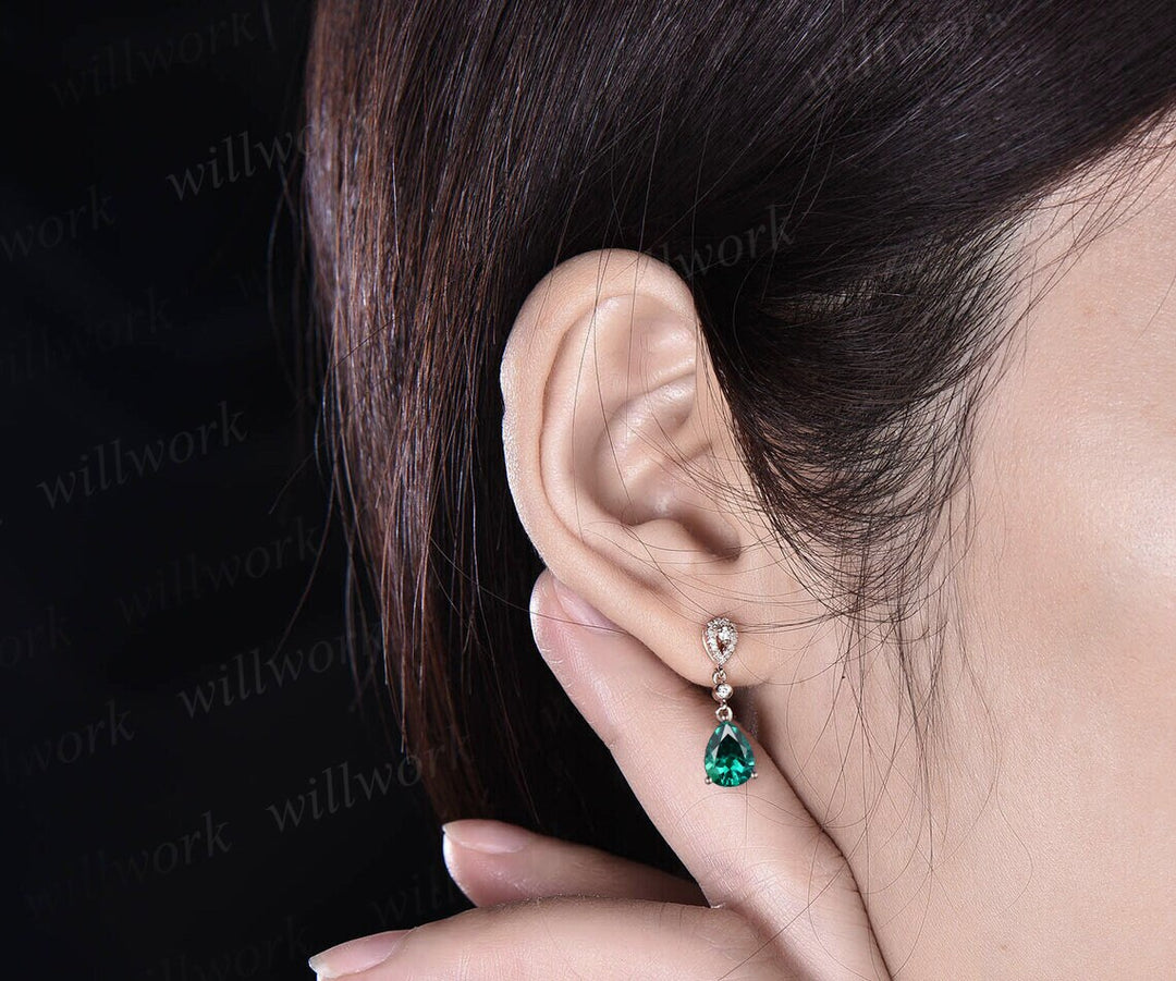 Pear shaped green emerald earrings solid 14k rose gold halo diamond drop earrings women bridal anniversary gift for her jewelry