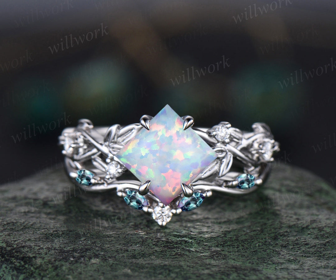 Princess white opal engagement ring set 14k rose gold five stone leaf branch Nature inspired alexandrite diamond bridal ring set women gift