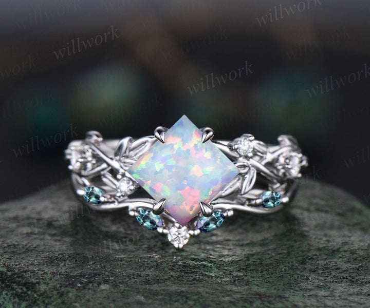 Princess white opal engagement ring set 14k rose gold five stone leaf branch Nature inspired alexandrite diamond bridal ring set women gift