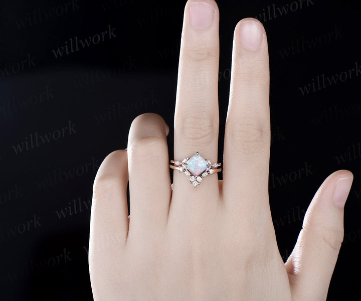 Princess white opal ring vintage rose gold unique engagement ring women claw prong cluster marquise cut diamond promise anniversary ring set