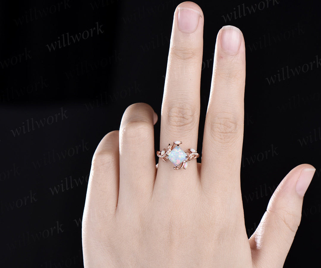 Vintage princess white opal engagement ring rose gold leaf nature inspired branch half eternity diamond opal anniversary ring women gift