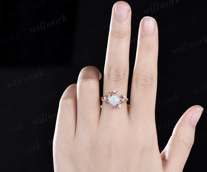 Vintage princess white opal engagement ring rose gold leaf nature inspired branch half eternity diamond opal anniversary ring women gift