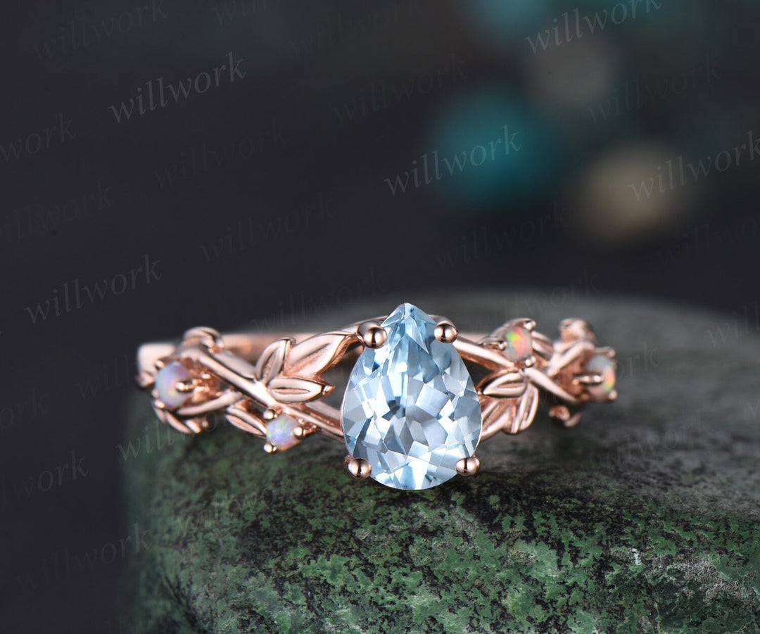 Pear shaped aquamarine engagement ring solid 14k rose gold leaf nature inspired opal ring women antique bridal wedding ring set jewelry