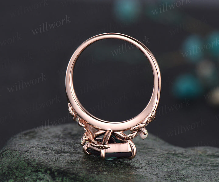 Vintage princess cut alexandrite engagement ring rose gold nature inspired branch half eternity diamond opal anniversary ring women gift