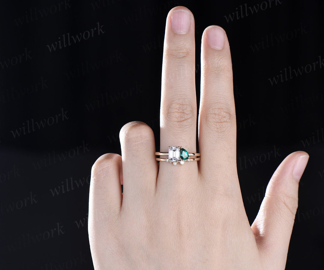 Two stone emerald cut moissanite pear emerald engagement ring Toi et Moi ring Personalized snowdrift bridal wedding ring set women