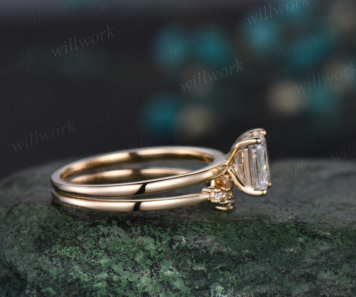 Two stone emerald cut moissanite pear emerald engagement ring Toi et Moi ring Personalized snowdrift bridal wedding ring set women