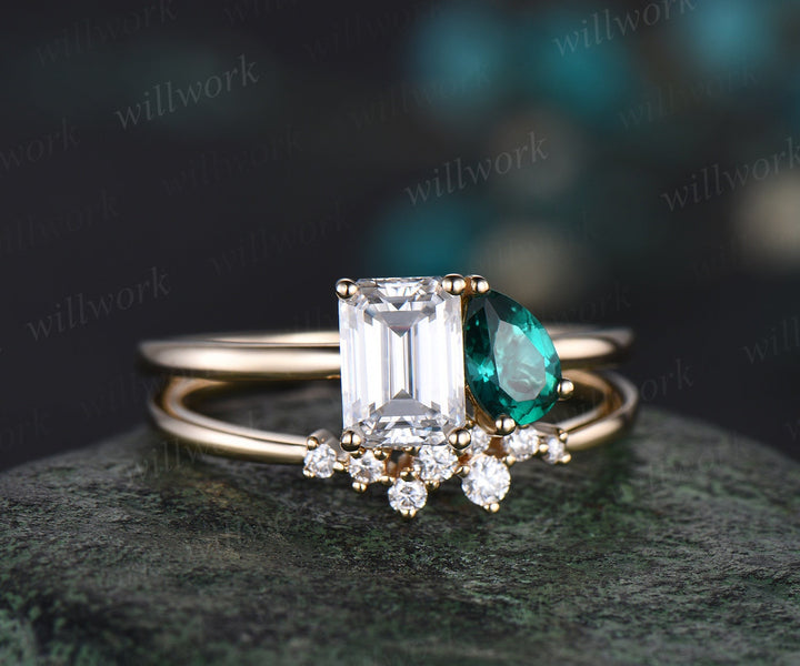 Two stone emerald cut moissanite pear emerald engagement ring Toi et Moi ring Personalized snowdrift bridal wedding ring set women