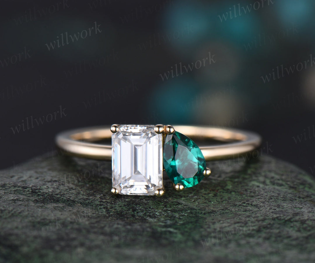 Two stone emerald cut moissanite pear emerald engagement ring Toi et Moi ring Personalized snowdrift bridal wedding ring set women