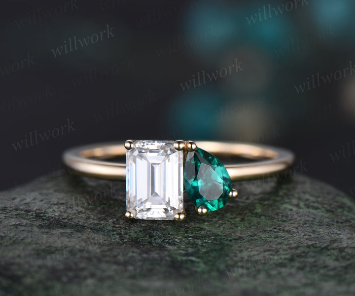 Two stone emerald cut moissanite pear emerald engagement ring Toi et Moi ring Personalized snowdrift bridal wedding ring set women