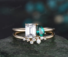 Two stone emerald cut moissanite pear emerald engagement ring Toi et Moi ring Personalized snowdrift bridal wedding ring set women