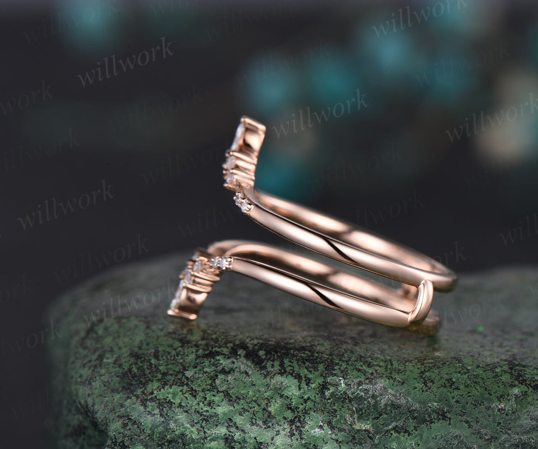 Double V curved diamond wedding band enhancer wraps solid 14k rose gold stacking matching vintage unique bridal anniversary ring women gift