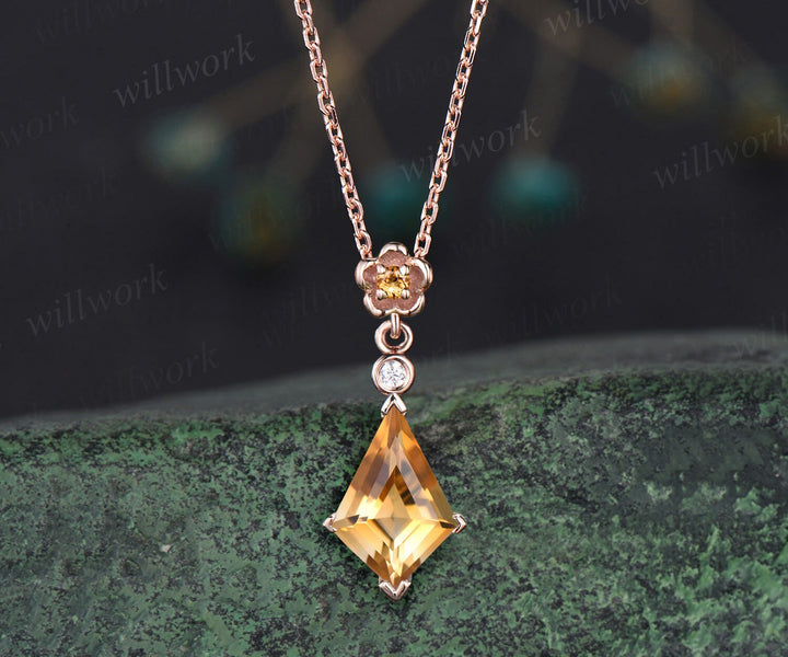 Kite cut citrine necklace solid 14k 18k yellow gold bezel diamond floral pendant women her gemstone anniversary bridal gift mother jewelry